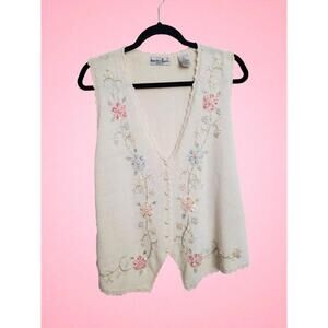 Vintage Beaded Knit Sweater Vest Sz 2X Cottagecore Pearls Sequin By Design Ramie